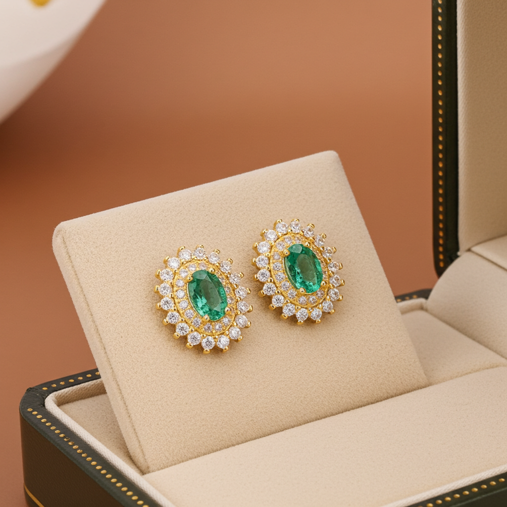 Colombian Emerald Cluster Stud Earrings 4x6mm 14k Gold Plated