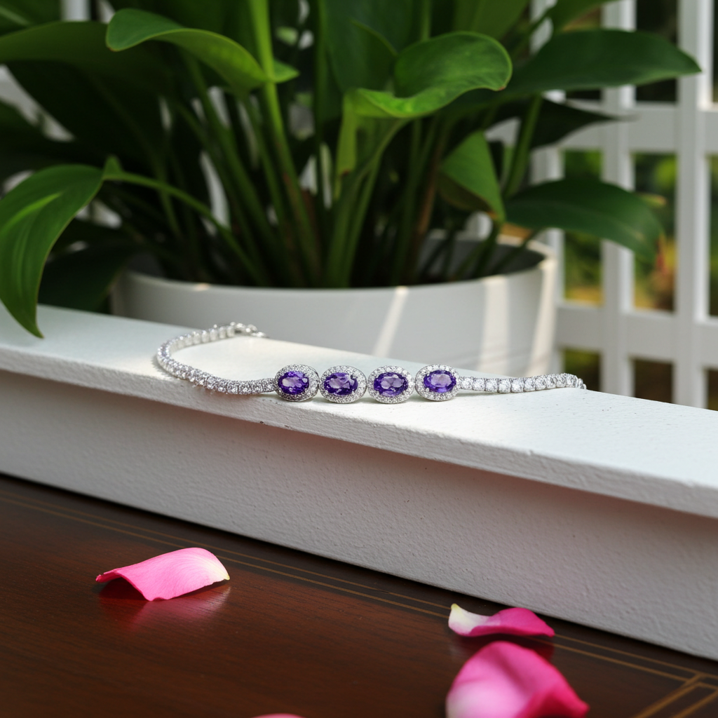 Natural Amethyst and Cubic Zirconia Tennis Bracelet 4x6mm