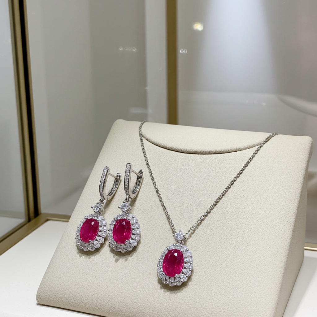 Natural Ruby Jewelry Set 6x8mm Pendant, Earrings, and Ring