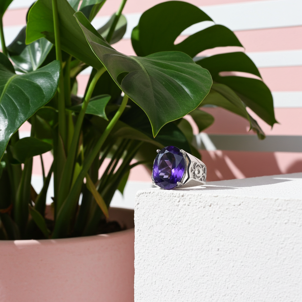 12CT Mens Amethyst Ring 925 Sterling Silver, Gemstone Rings For Men
