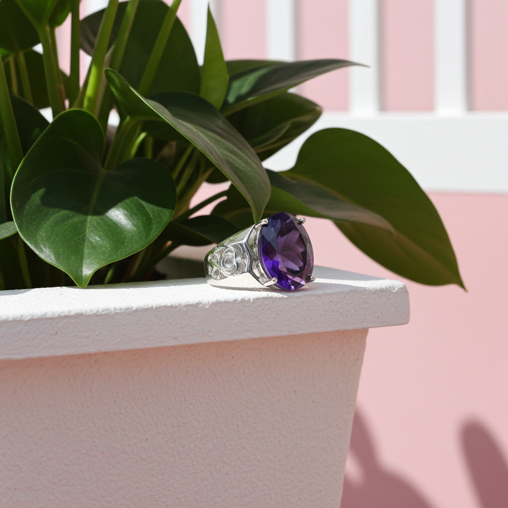 12CT Mens Amethyst Ring 925 Sterling Silver, Gemstone Rings For Men
