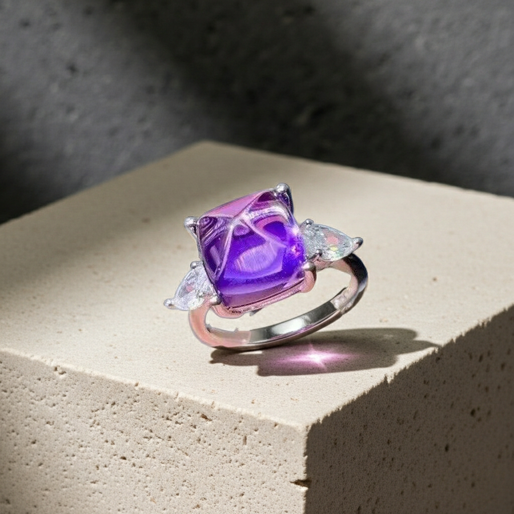 4CT Sugarloaf Cut Amethyst Gemstone Ring 10x10mm