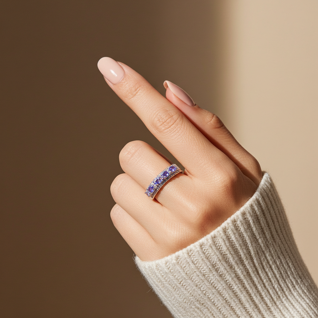 Natural Purple Tanzanite Band Ring 3x4mm Platinum Plated