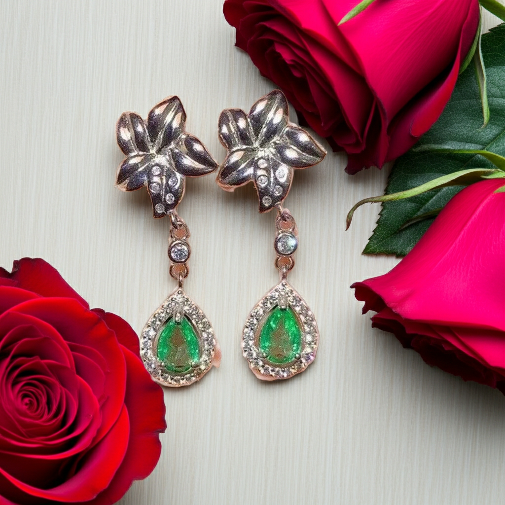Natural Emerald Flower Dangle Earrings 4x6mm Platinum Plated