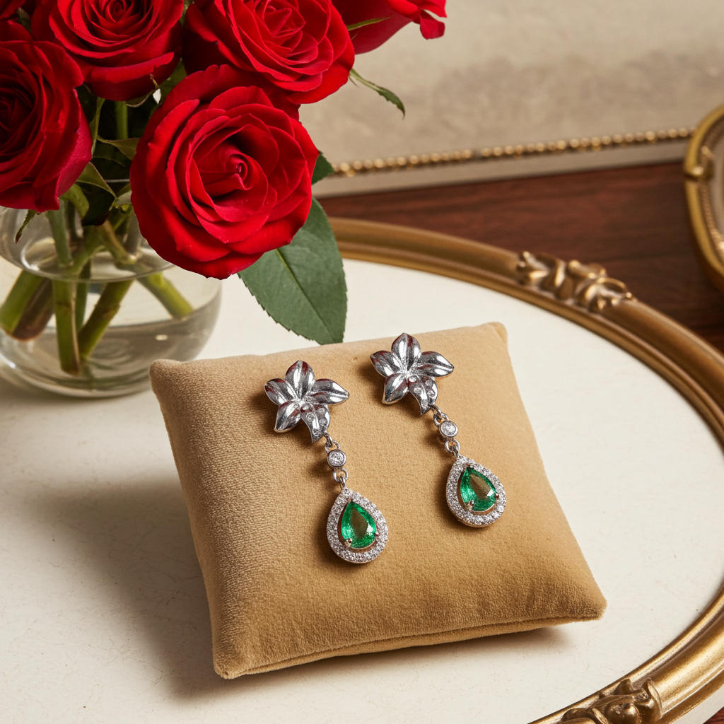 Natural Emerald Flower Dangle Earrings 4x6mm Platinum Plated