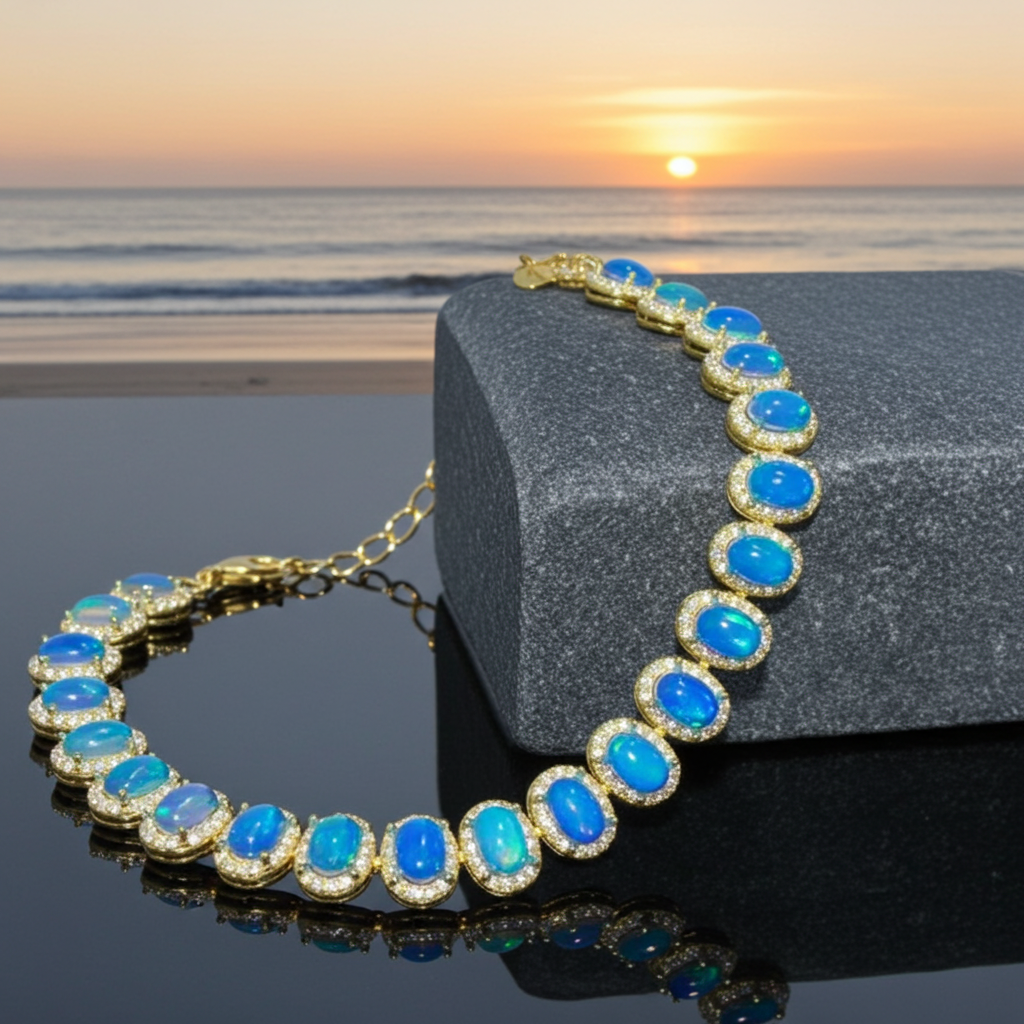 Blue Fire Opal Tennis Bracelet 4x6mm Sterling Silver, Blue Opal Bracelet
