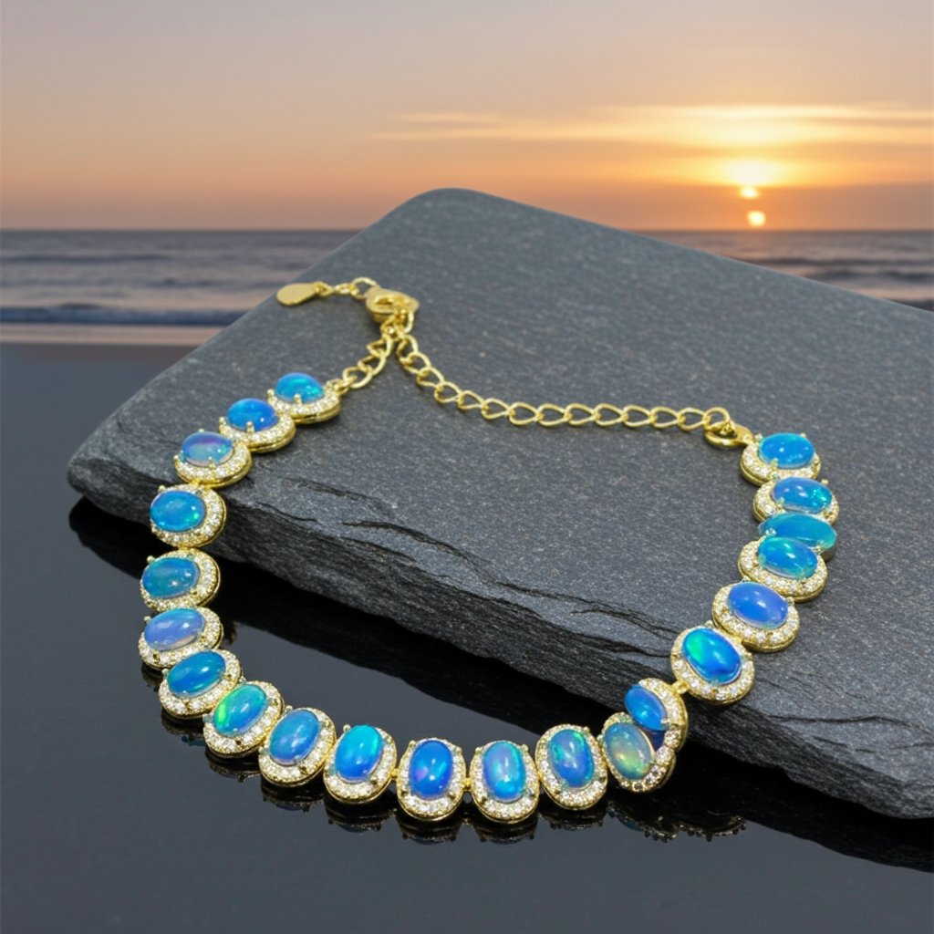 Blue Fire Opal Tennis Bracelet 4x6mm Sterling Silver, Blue Opal Bracelet