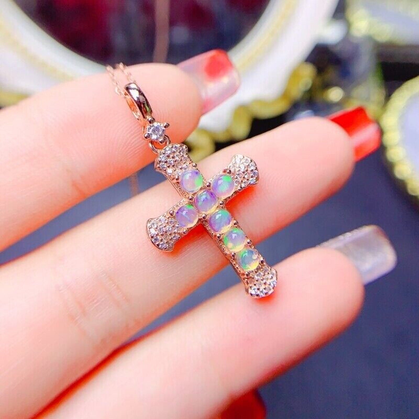 Australian Opal Cross Pendant Necklace, White Opal or Black Opal Cross Necklace