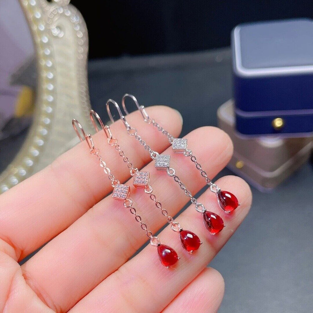 Natural Red Garnet Dangle Earrings, Rounded Teardrop Garnet Dangle Earrings