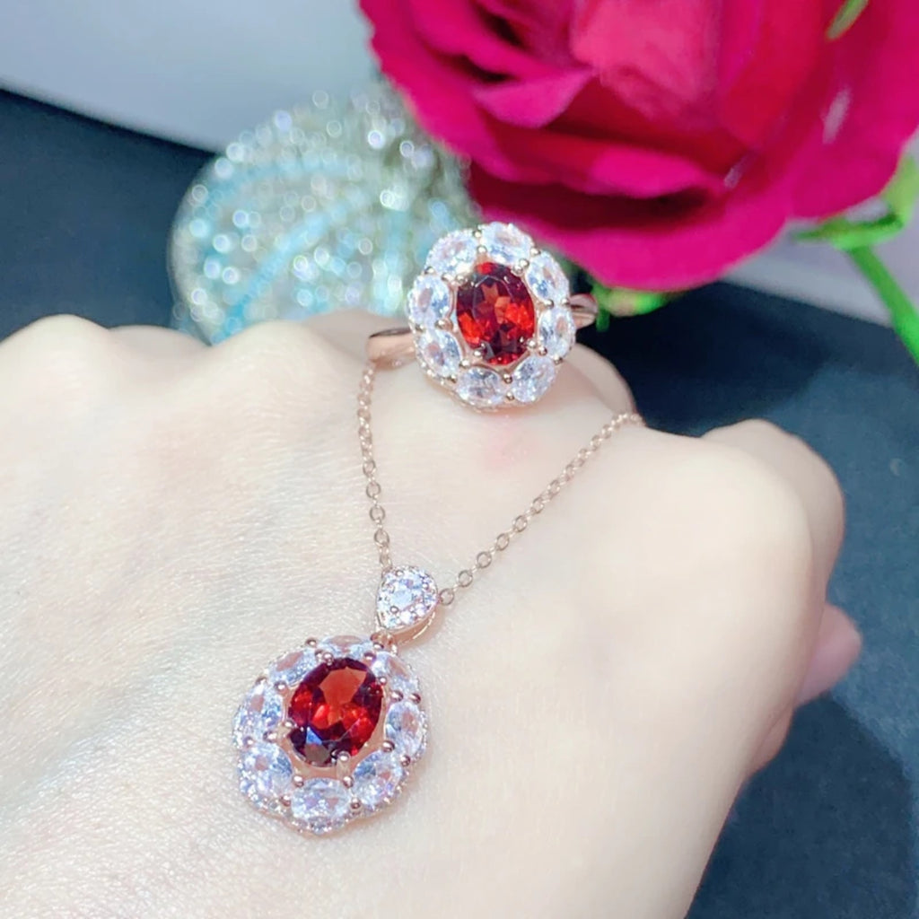 Natural Garnet Pendant and Ring Jewelry Set, 6x8mm Red Garnet and CZ Jewelry Set