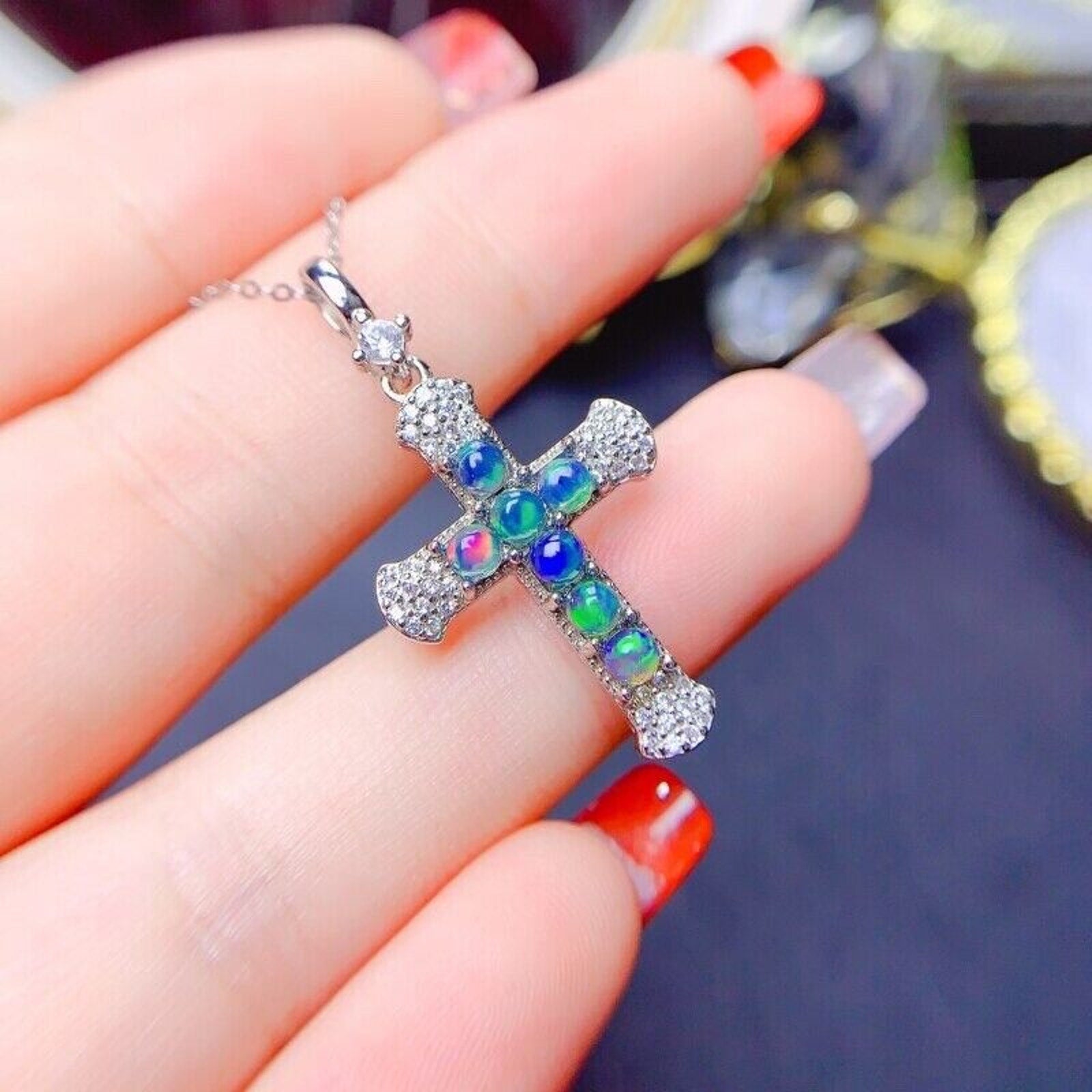 Australian Opal Cross Pendant Necklace, White Opal or Black Opal Cross Necklace