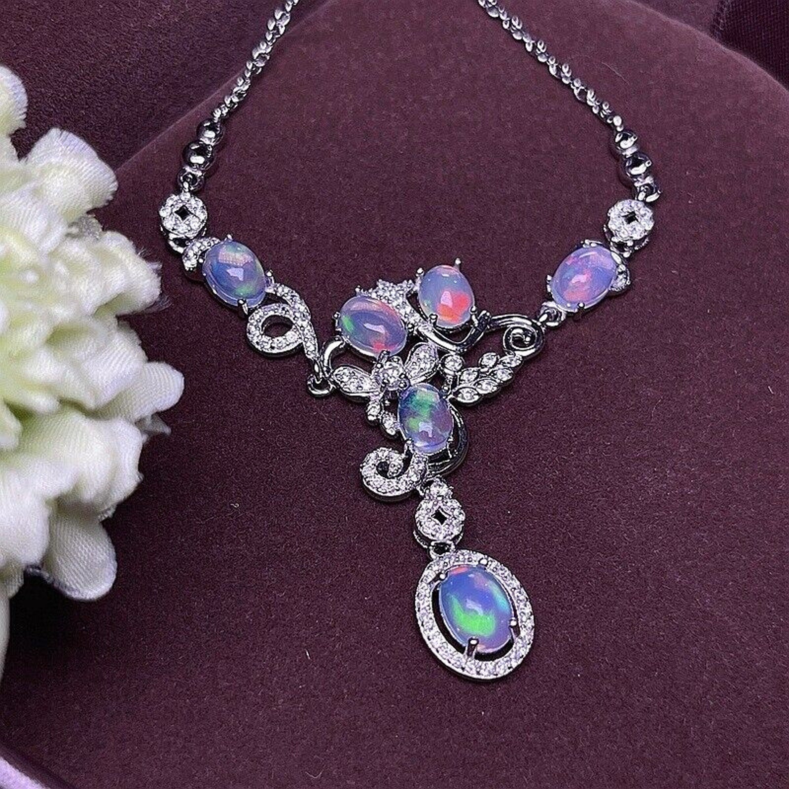 Natural White Opal Statement Necklace, Natural Opal Fine Jewelry Necklace