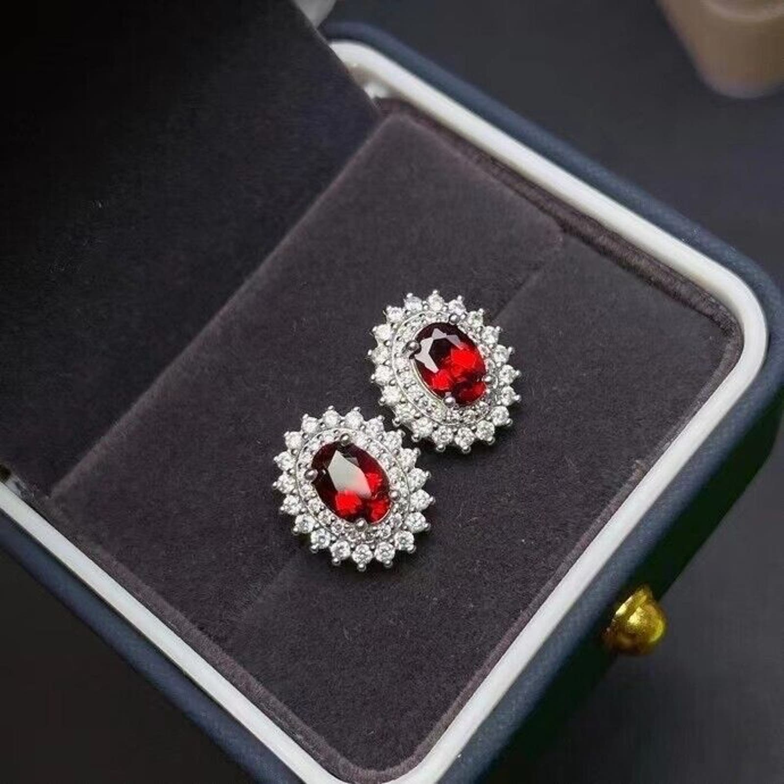 Women's Garnet Stud Earrings 5x7mm Platinum Plated, Garnet Earrings Platinum