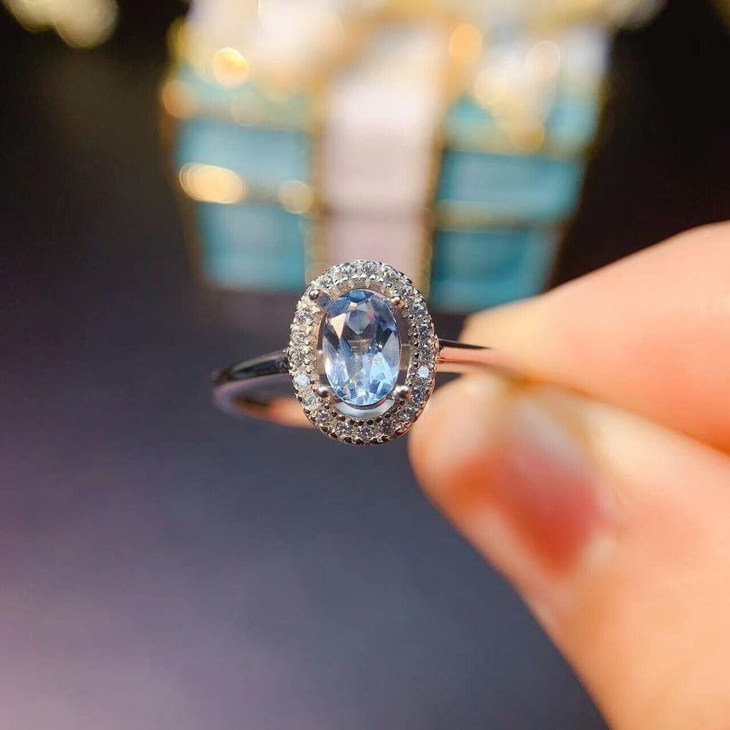 Aquamarine Cocktail Ring, Natural 4x6mm Oval Aquamarine Ring Sterling Silver