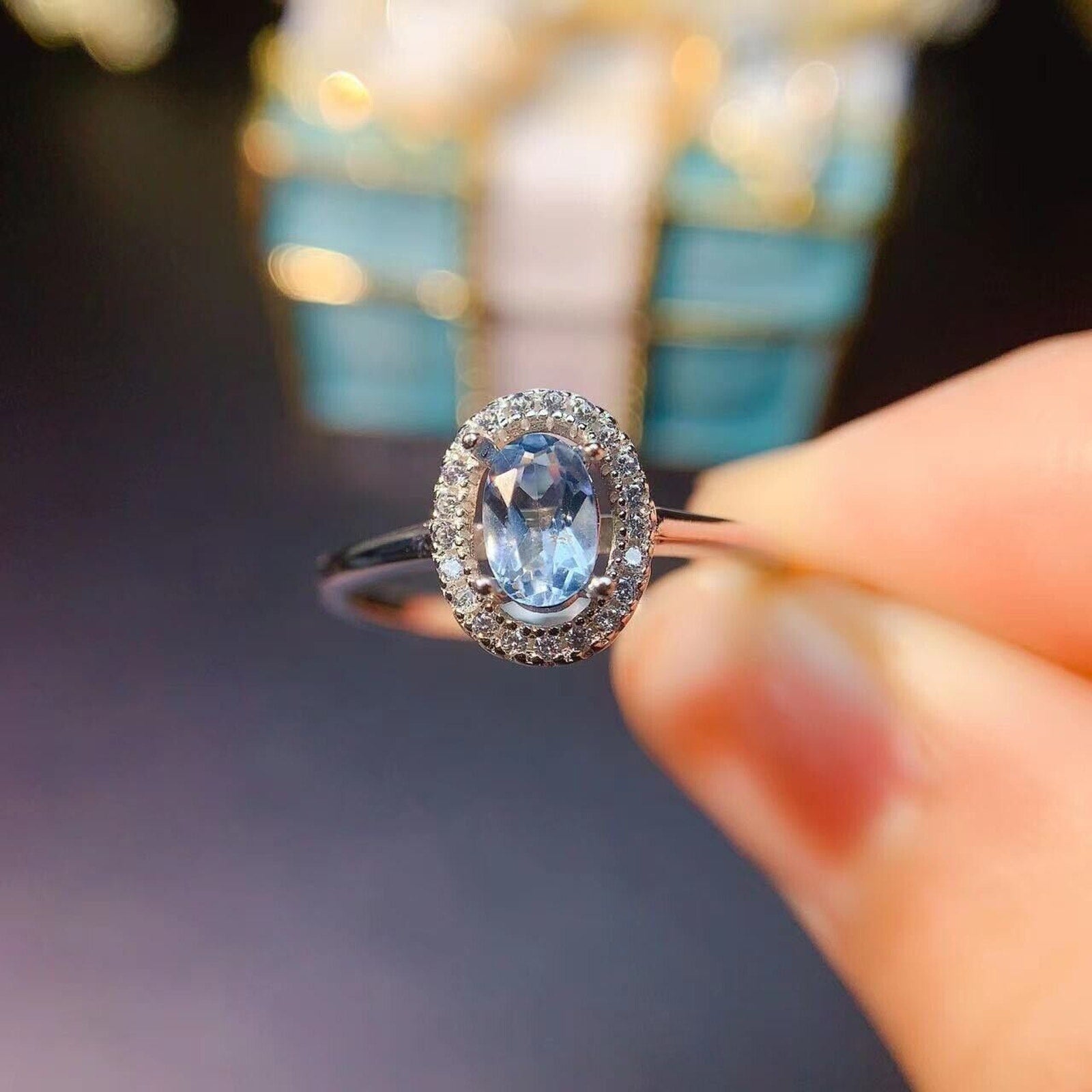 Aquamarine Cocktail Ring, Natural 4x6mm Oval Aquamarine Ring Sterling Silver