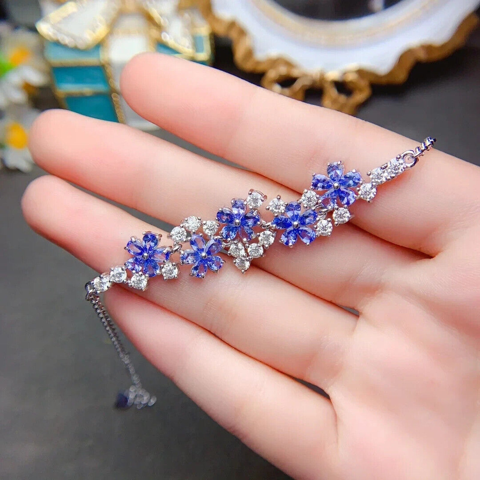 Purple Tanzanite Flower Statement Necklace Platinum Plated, Tanzanite Jewelry