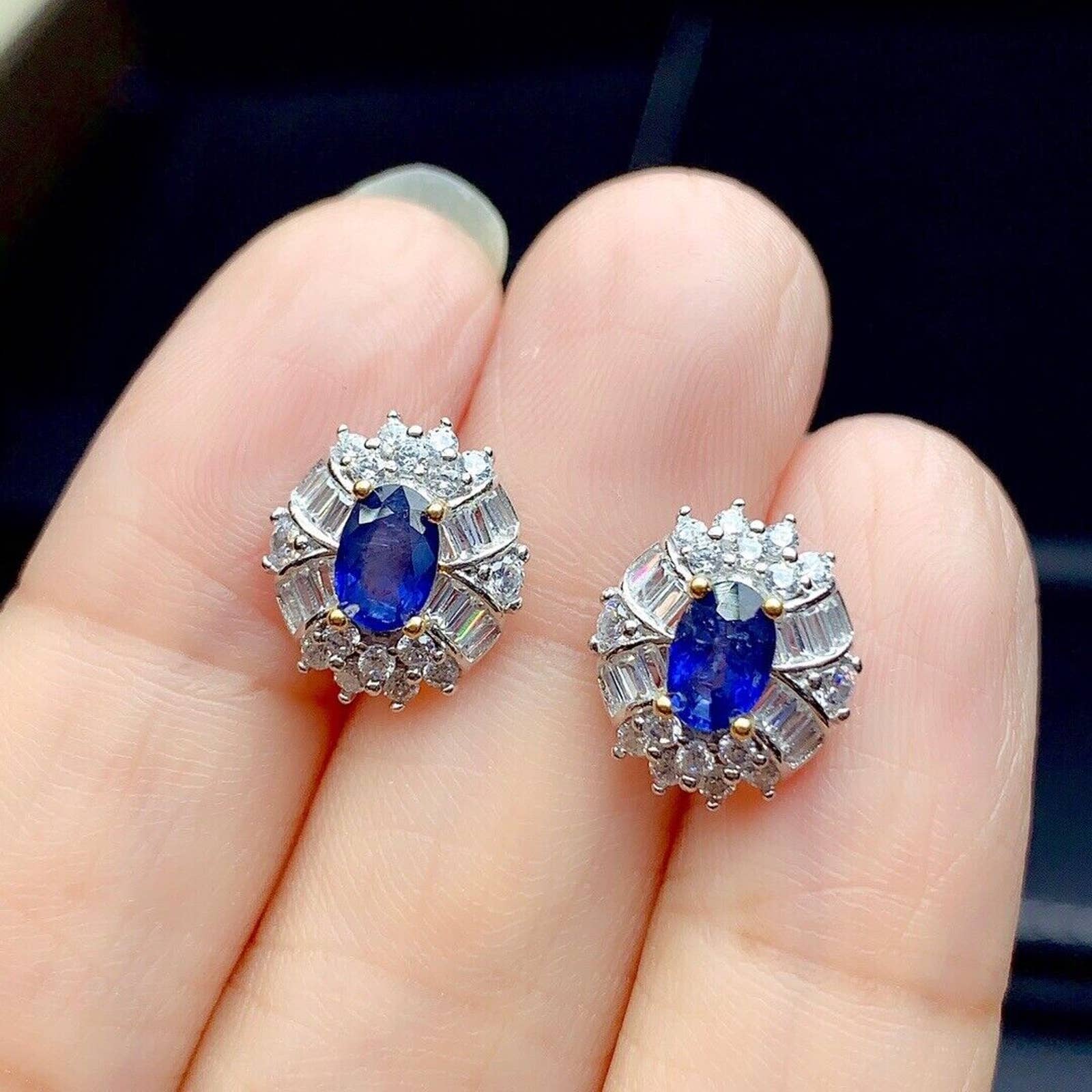 Blue Sapphire Stud Earrings Sri Lanka Sapphire, Silver Sapphire Earrings