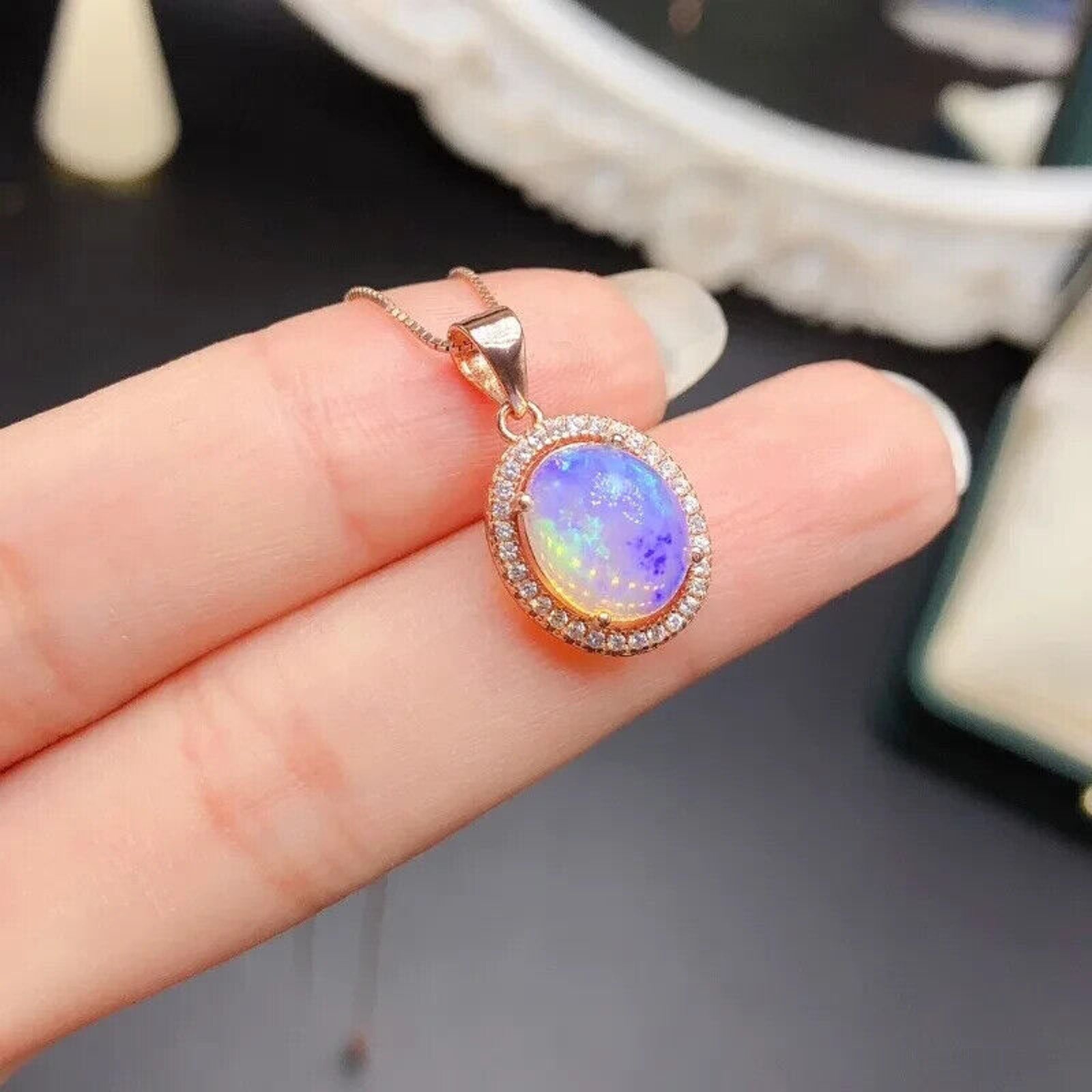 Opal Pendant Necklace, Women's Fire Opal Necklace, Australian White Opal 8x10mm