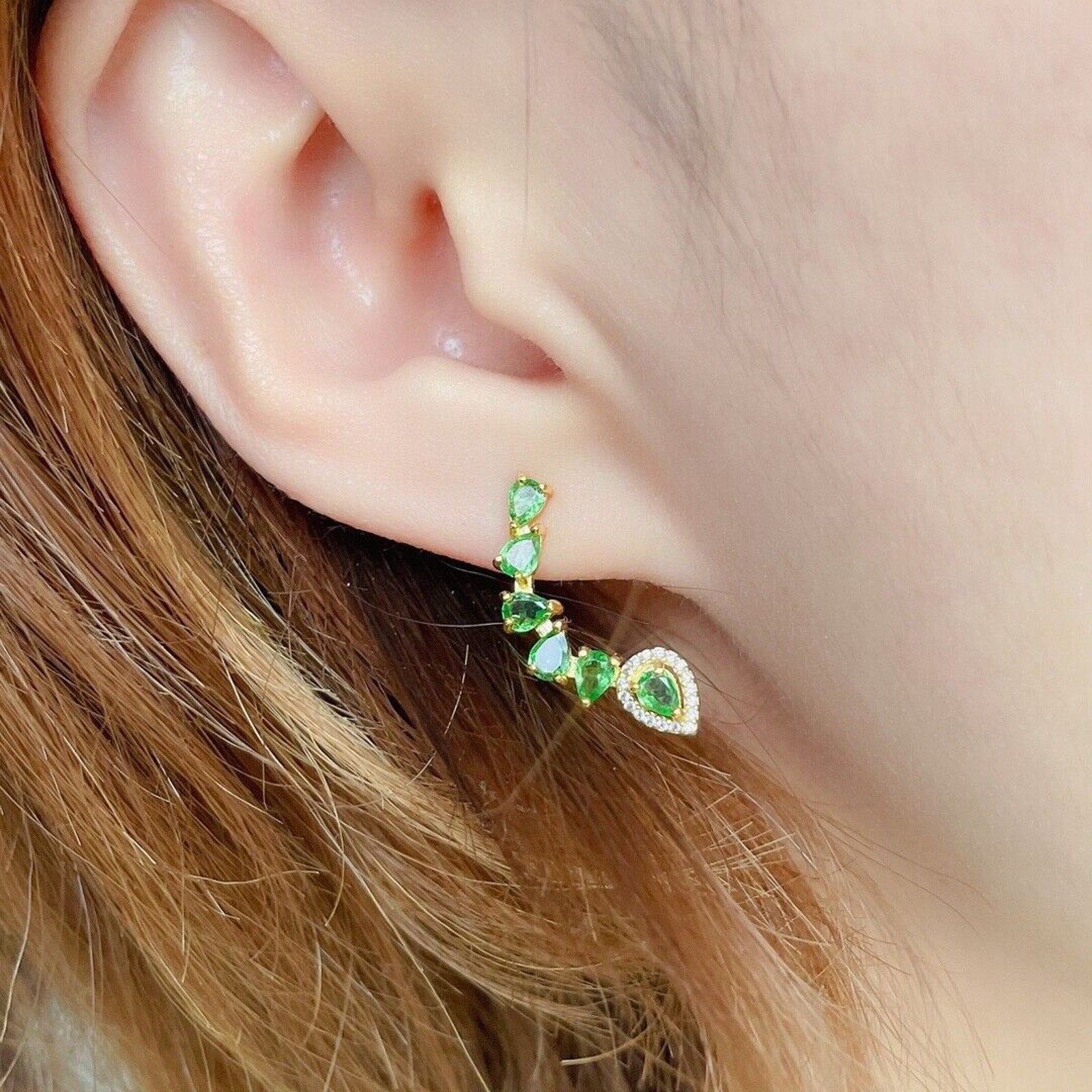 Tsavorite Gemstone Half Circle Earrings, Natural Tsavorite Women's Earrings