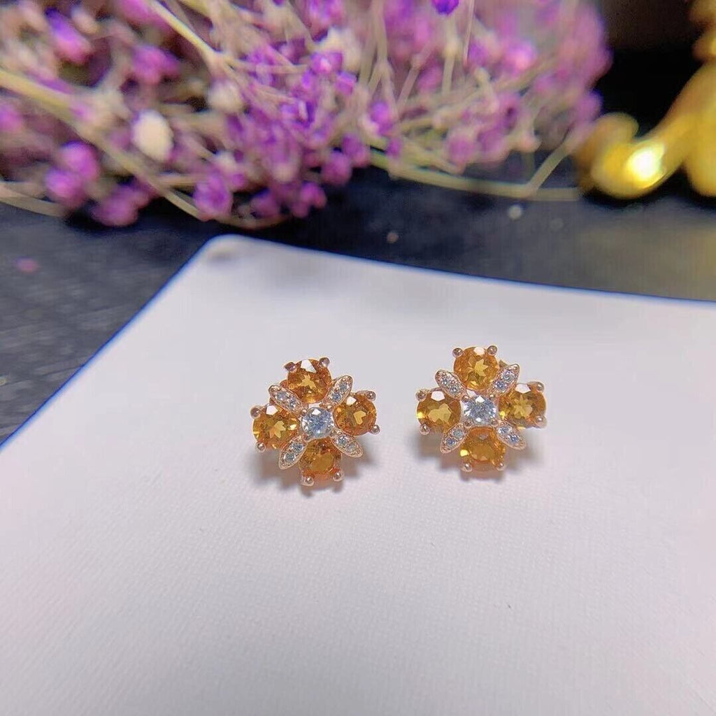 4x4mm Natural Citrine Gemstone Earrings, Sterling Silver Citrine Flower Earrings