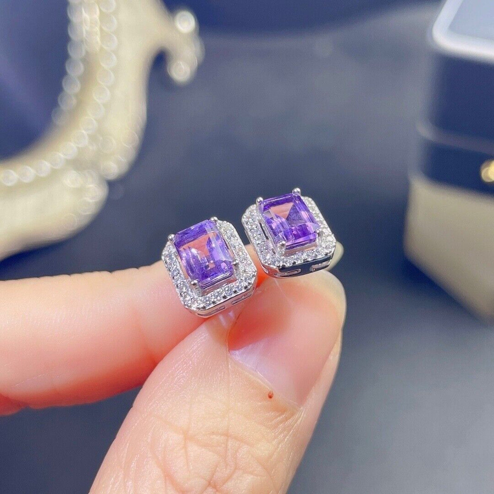 Amethyst Stud Earrings 5x7mm Emerald Cut Amethyst Earrings
