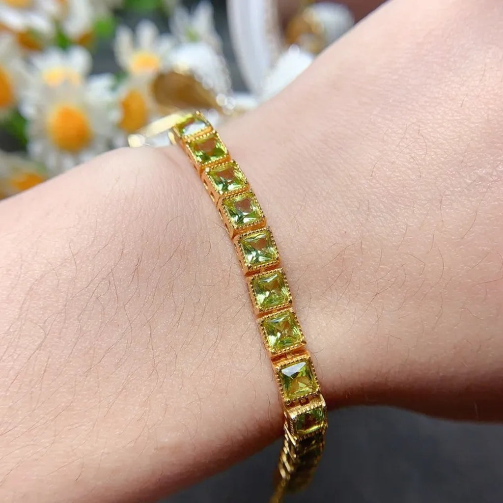 August Birthstone Peridot Bracelet, Square Cut Peridot Tennis Bracelet