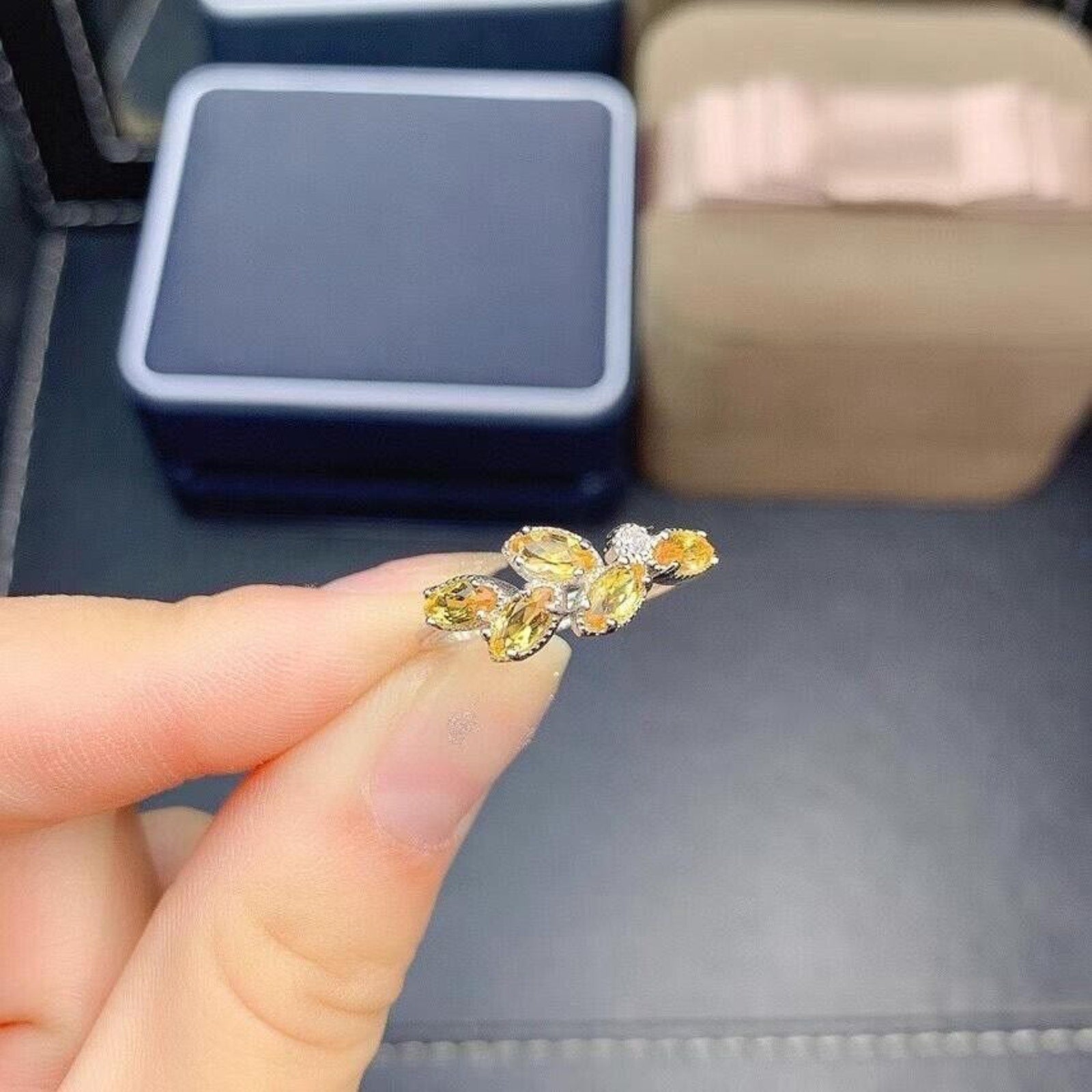 Natural Citrine Marquise Cut Gemstone Ring Platinum Plated Silver