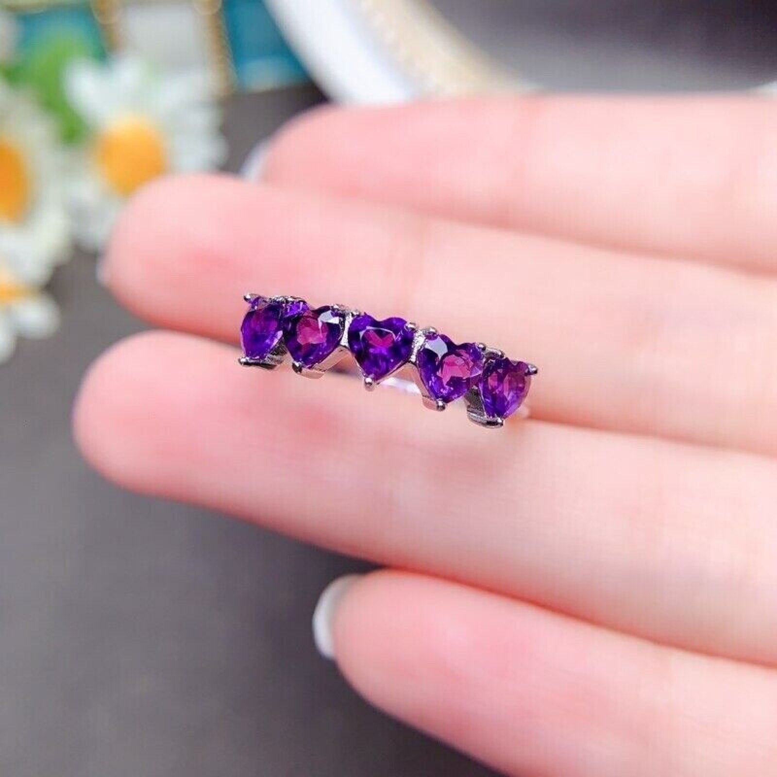 Heart Shaped Amethyst Band Ring, Natural Amethyst Heart Shaped Eternity Ring