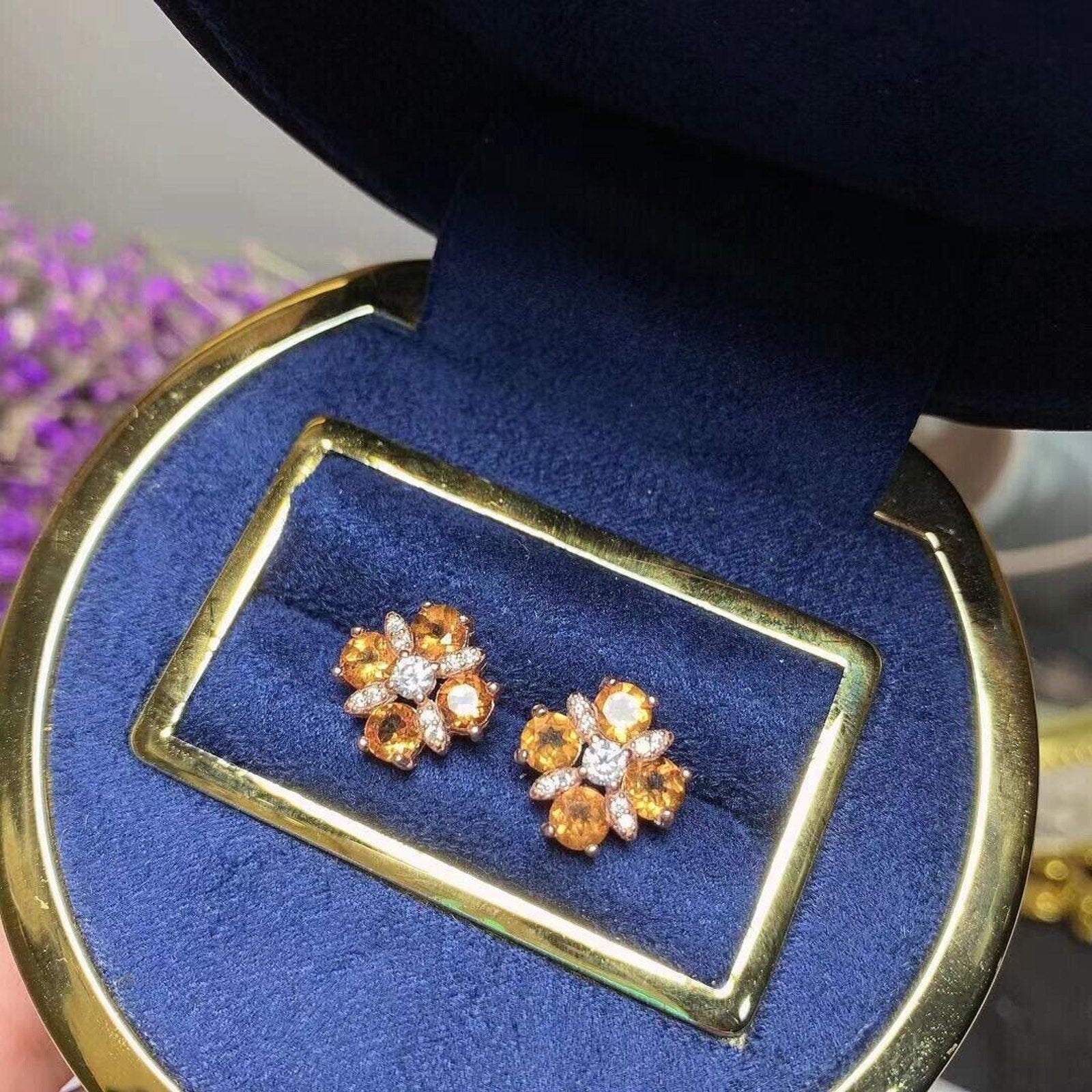 4x4mm Natural Citrine Gemstone Earrings, Sterling Silver Citrine Flower Earrings