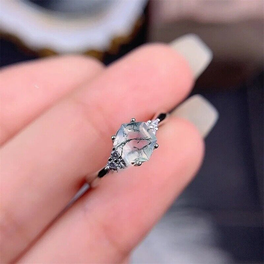 Natural Moss Agate Ring Hexagonal 6mm 925 Sterling Silver