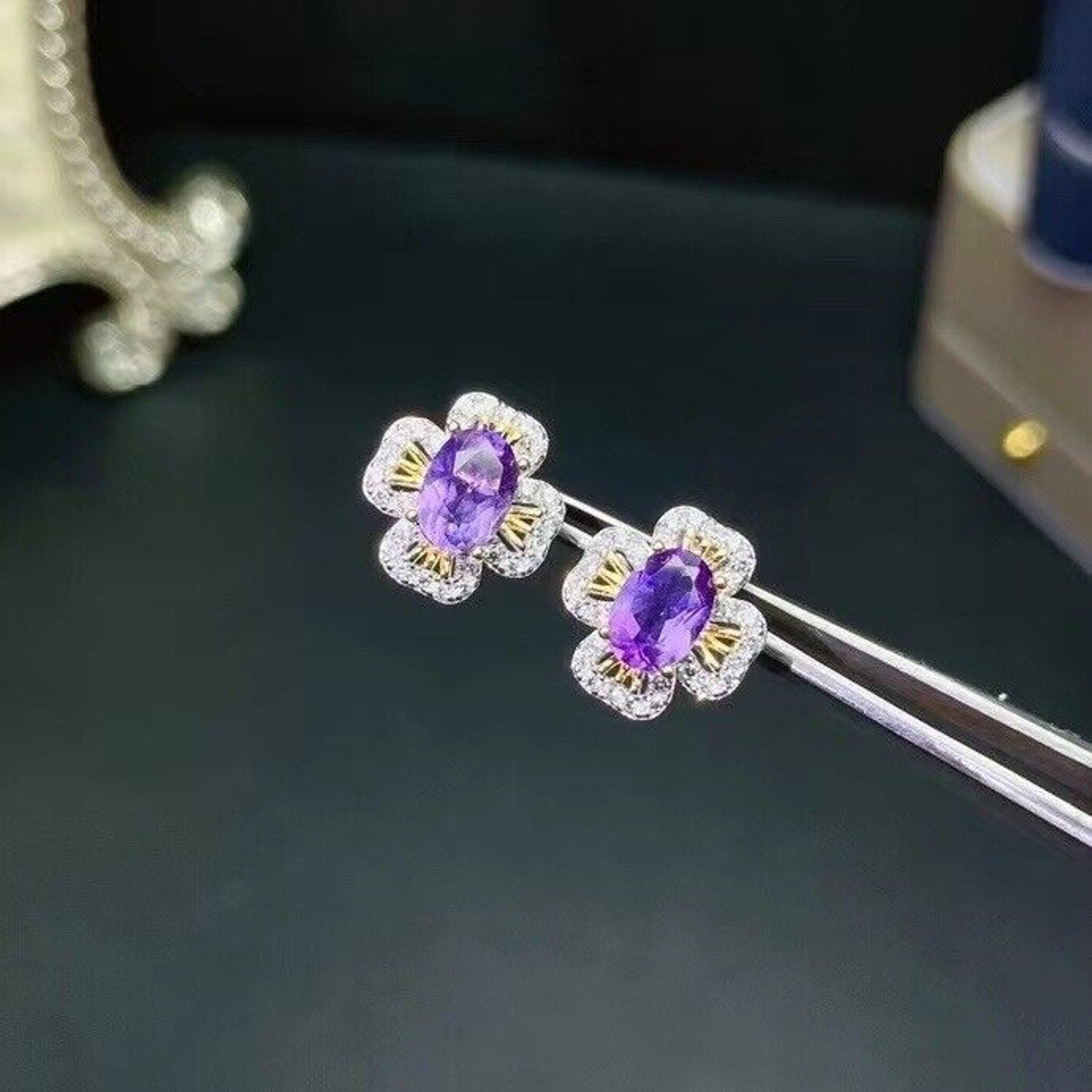 5x7mm Amethyst Flower Stud Earrings, Natural Amethyst Stud Earrings Platinum