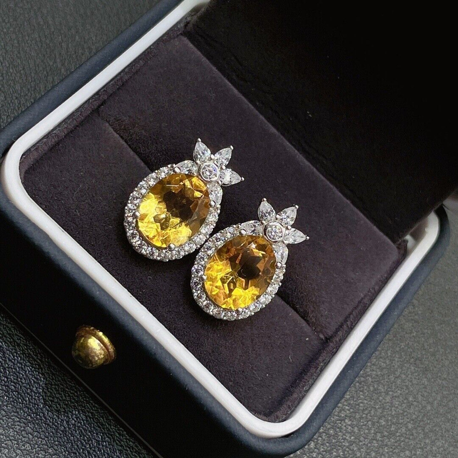 Large 8x10mm Natural Citrine Gemstone Earrings, Genuine Citrine Stud Earrings