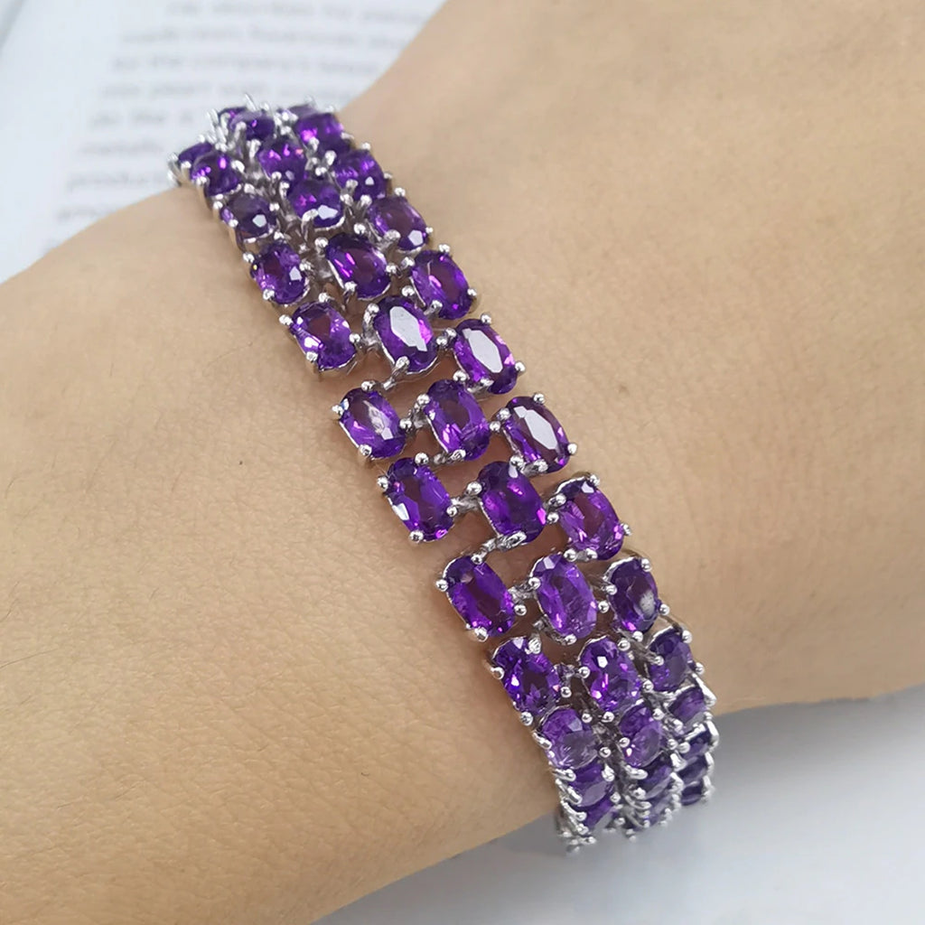Natural Amethyst Three Layer Tennis Bracelet, Oval Cut Amethyst Tennis Bracelet