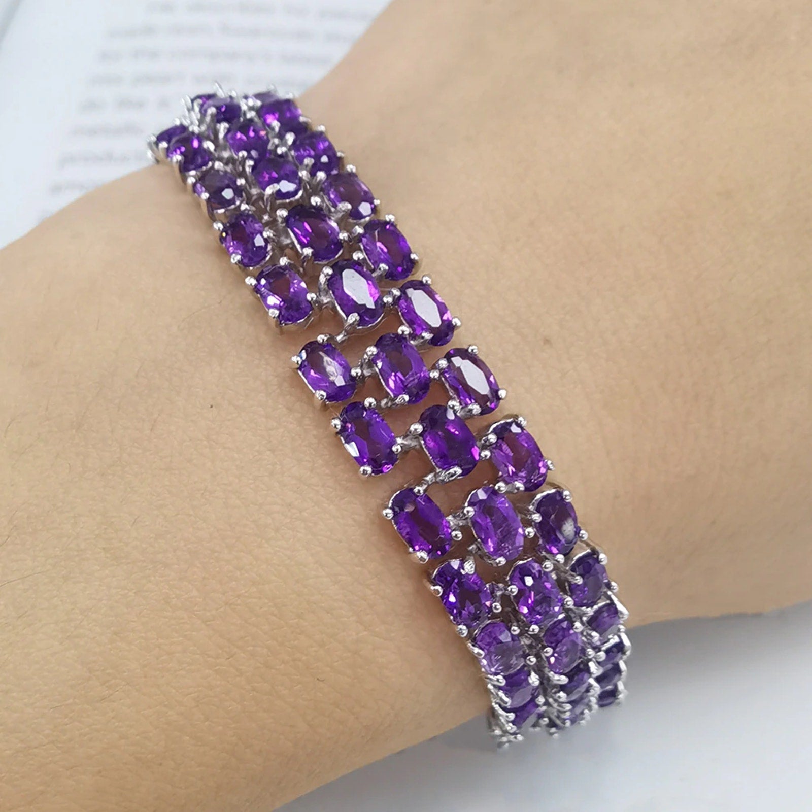 Natural Amethyst Three Layer Tennis Bracelet, Oval Cut Amethyst Tennis Bracelet