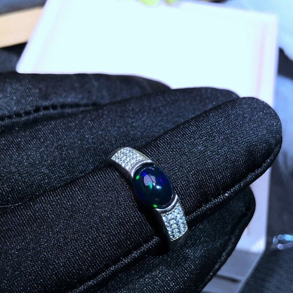 Men's Black Opal Ring Platinum Plated, Natural Black Opal Ring Men's Opal Ring's