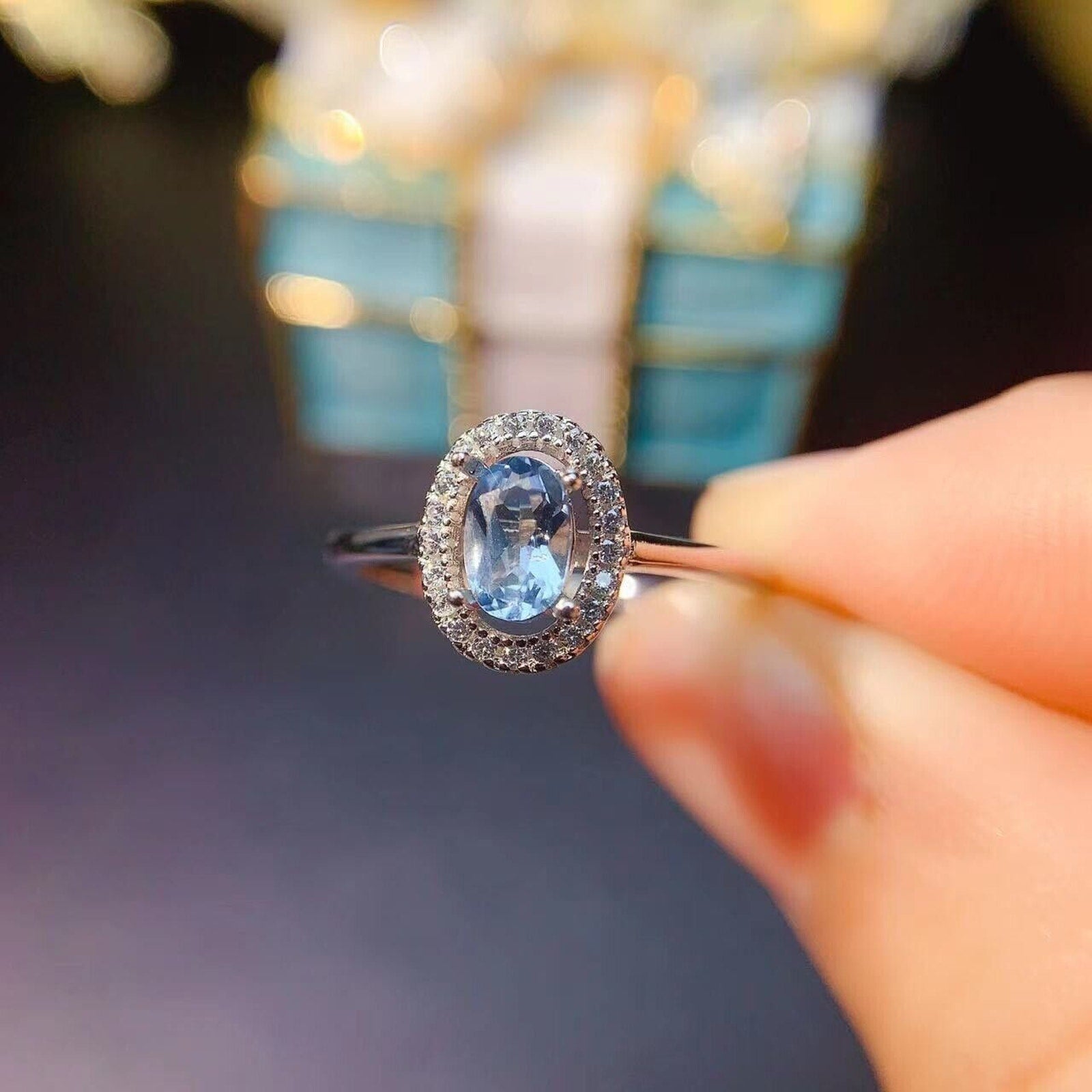 Aquamarine Cocktail Ring, Natural 4x6mm Oval Aquamarine Ring Sterling Silver