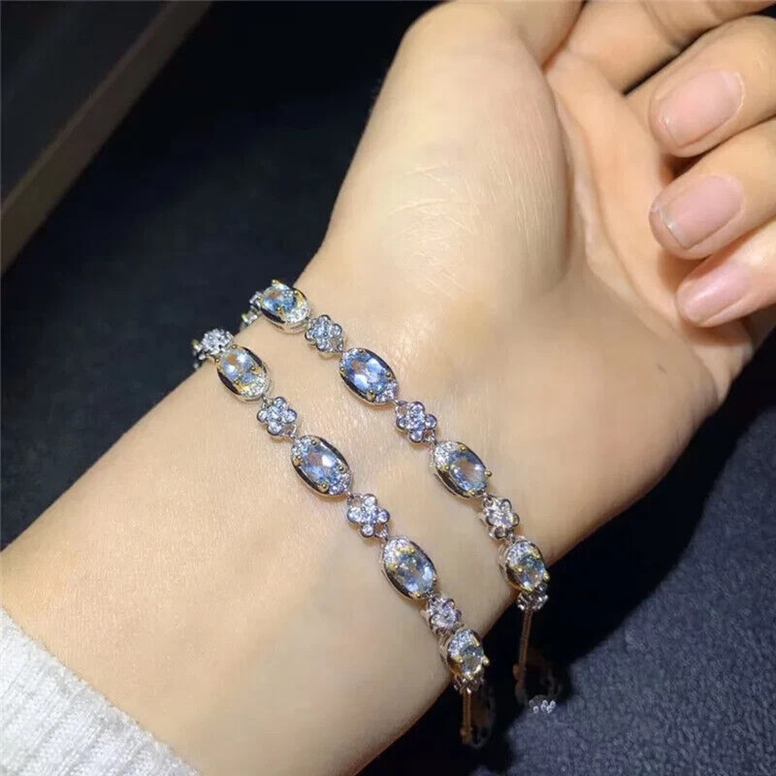 Natural Aquamarine Tennis Bracelet, Oval Cut Aquamarine Bracelet Sterling Silver