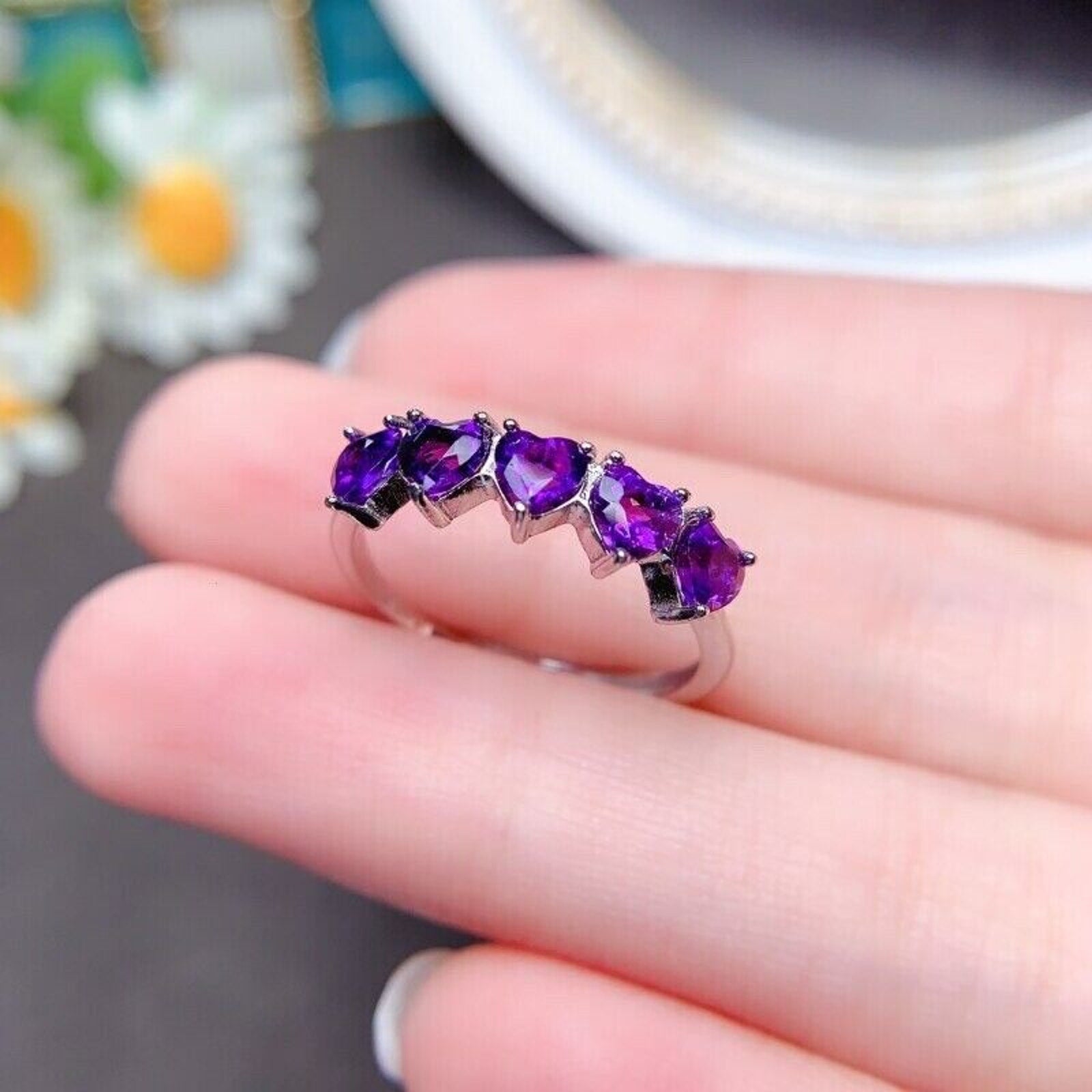Heart Shaped Amethyst Band Ring, Natural Amethyst Heart Shaped Eternity Ring