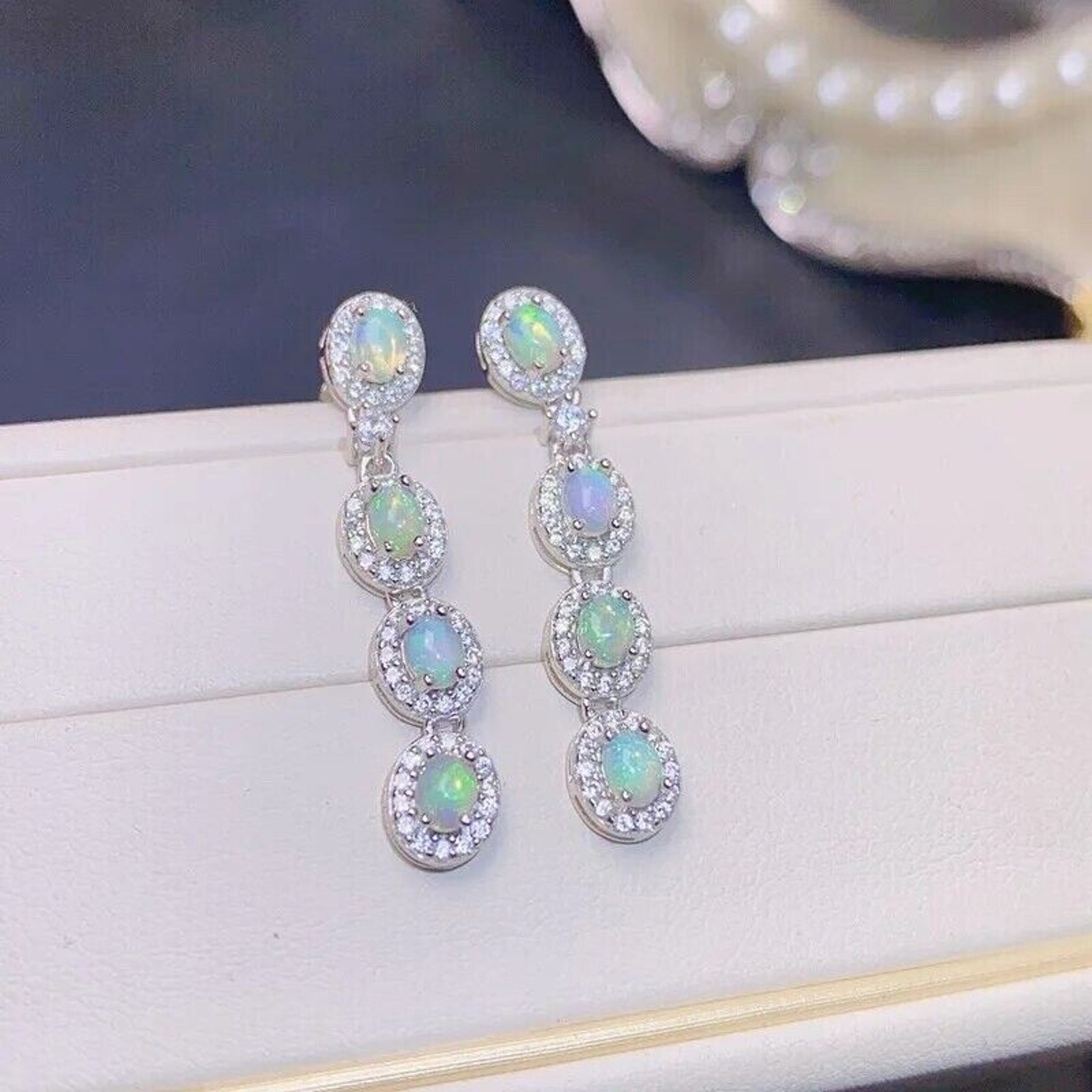 Australian White Opal Dangle Earrings 4x6mm 925 Sterling Silver