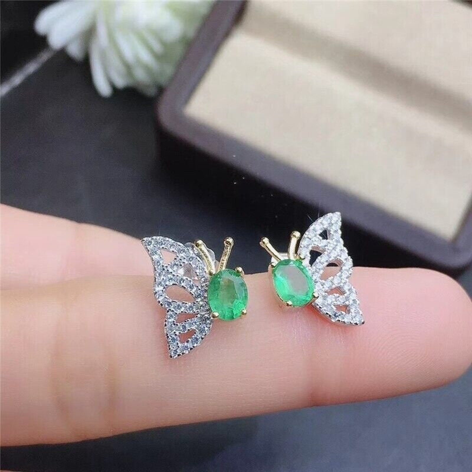 Colombian Emerald Butterfly Stud Earrings 4x5mm Natural Oval Cut Emerald with CZ