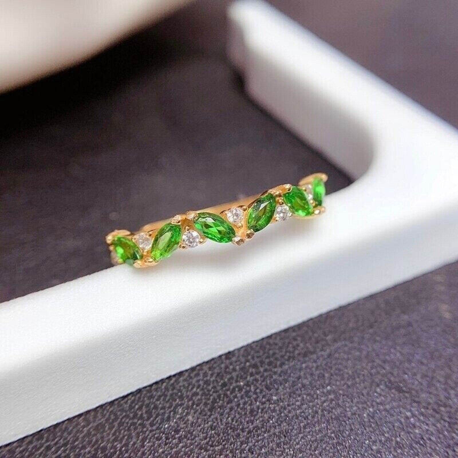 Marquise Cut Natural Chrome Diopside Band Ring 2x4mm