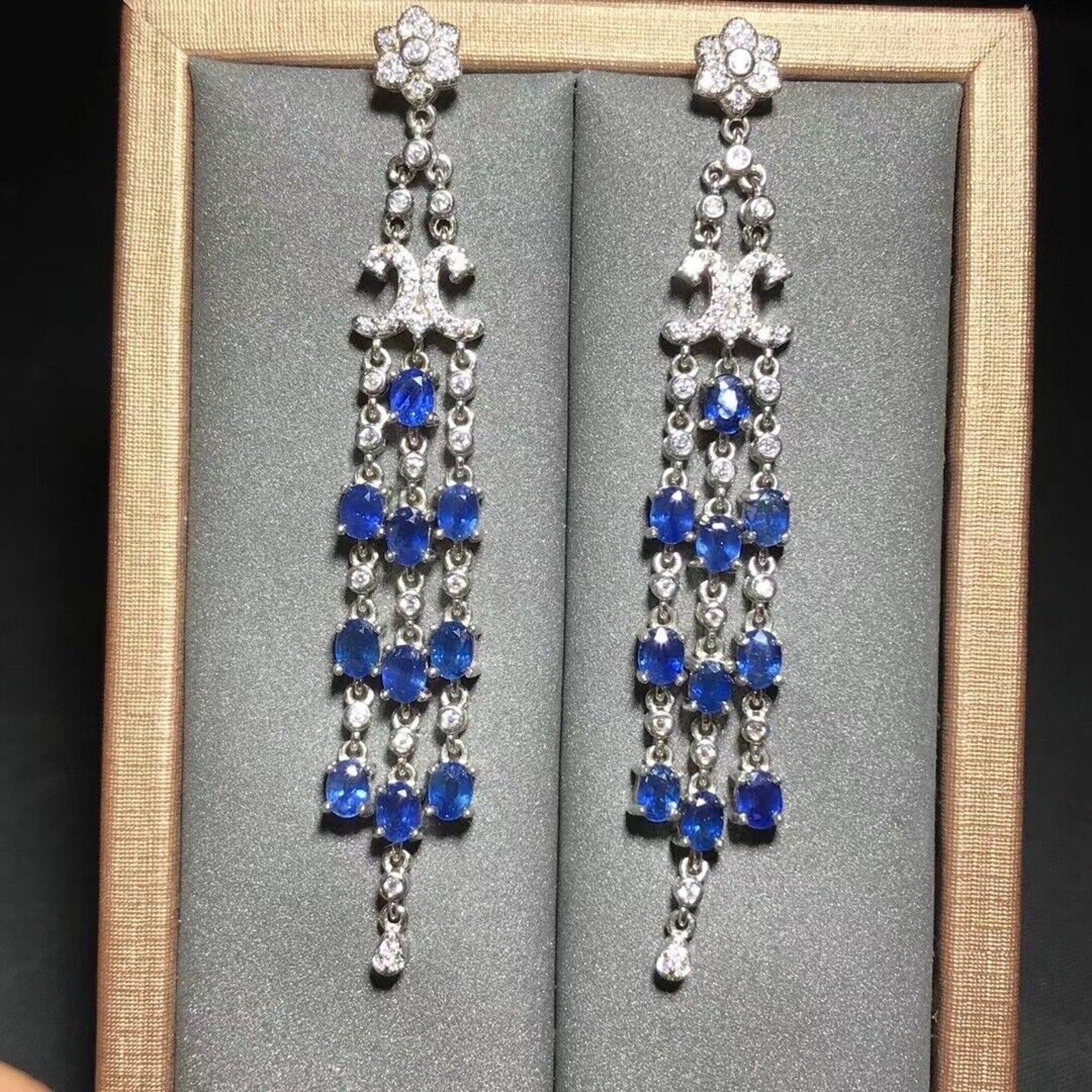 Three Tier Chandelier Sapphire Earrings, Natural Blue Sapphire VVS Grade