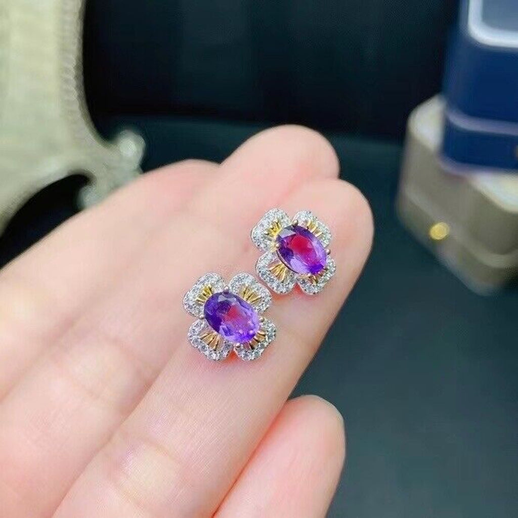 5x7mm Amethyst Flower Stud Earrings, Natural Amethyst Stud Earrings Platinum