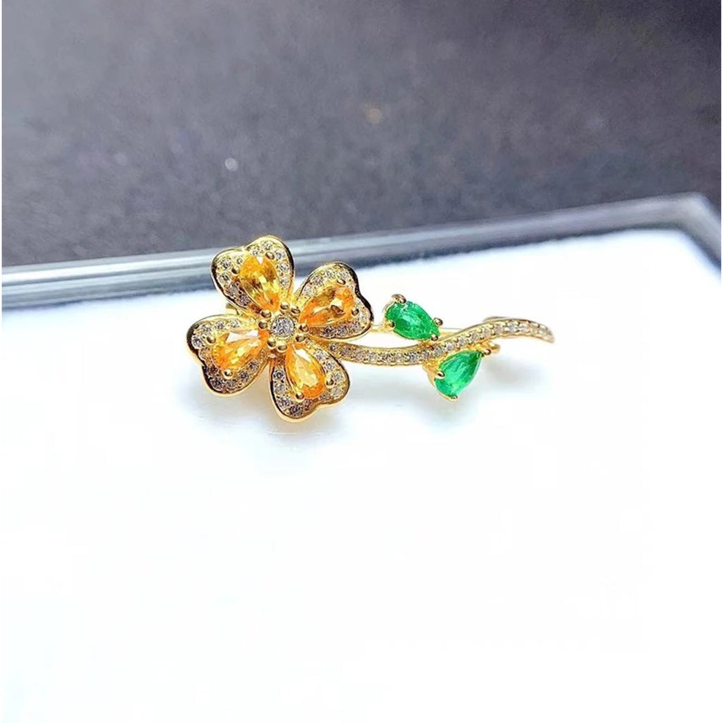 Citrine and Emerald Floral Brooch Pin, Women's Citrine Emerald Floral Pendant