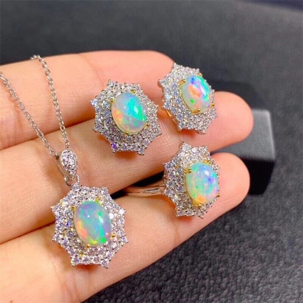Australian Opal Jewelry Set, Opal Pendant, Opal Ring, and Opal Earring Set 6x8mm