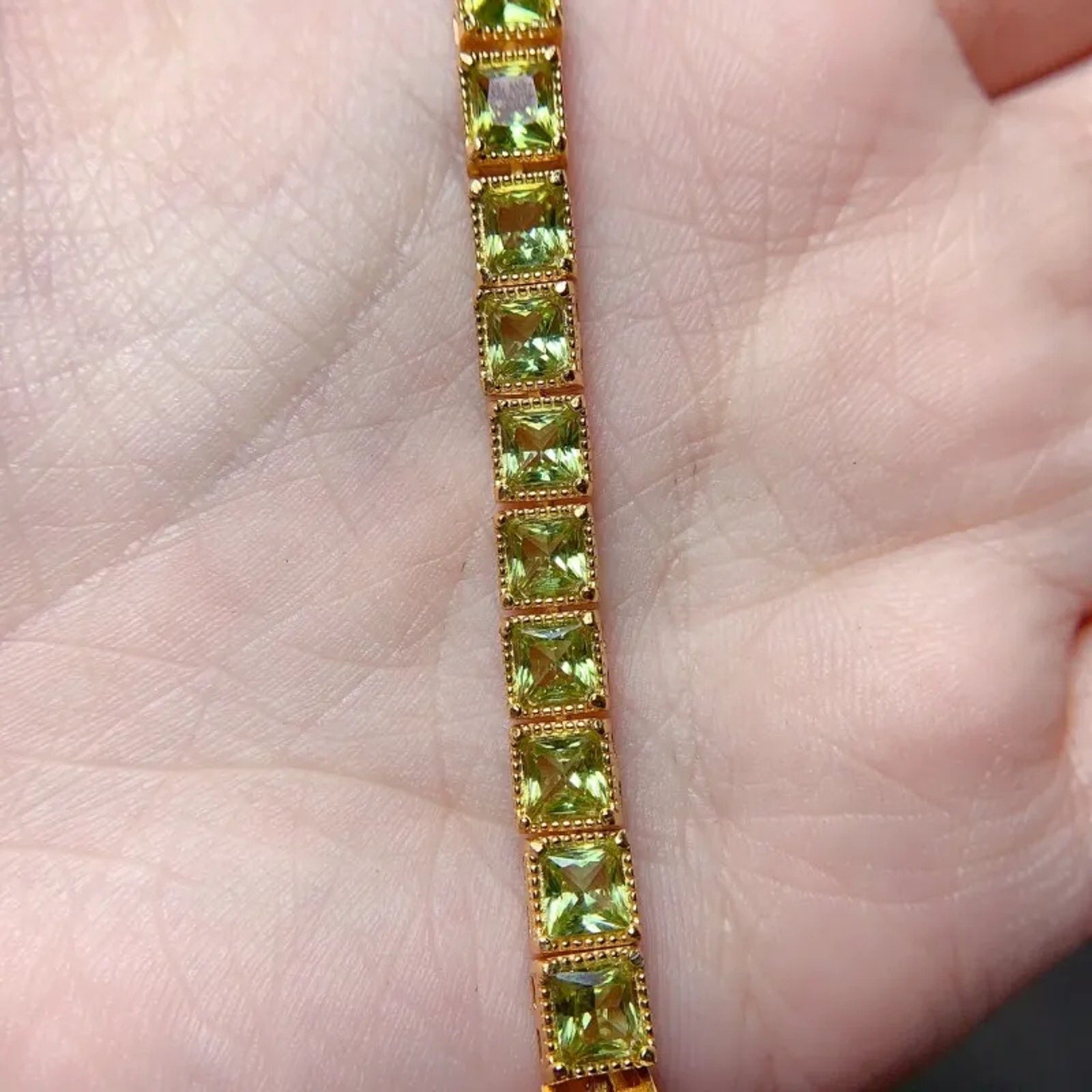 August Birthstone Peridot Bracelet, Square Cut Peridot Tennis Bracelet