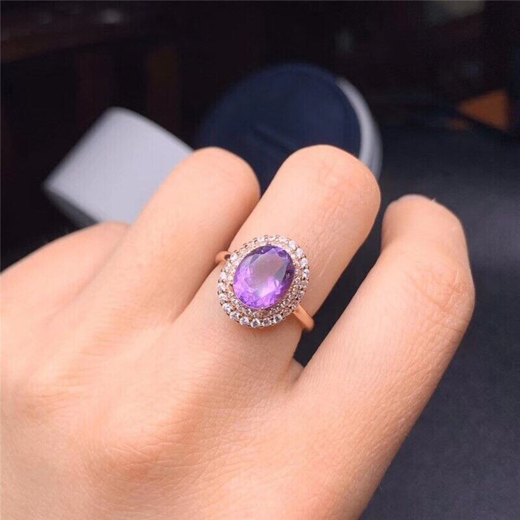 8x10mm Oval Cut Natural Amethyst Ring, Platinum Plated Sterling Silver Amethyst