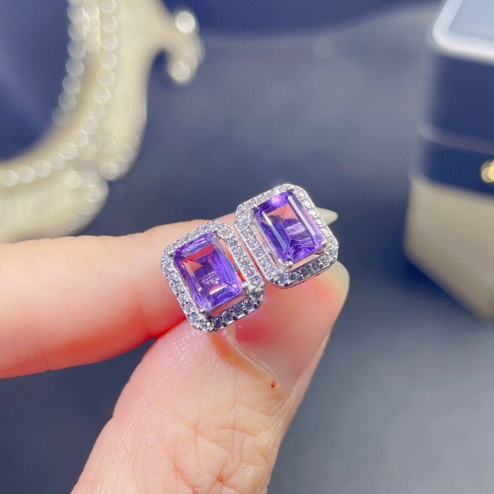Amethyst Stud Earrings 5x7mm Emerald Cut Amethyst Earrings