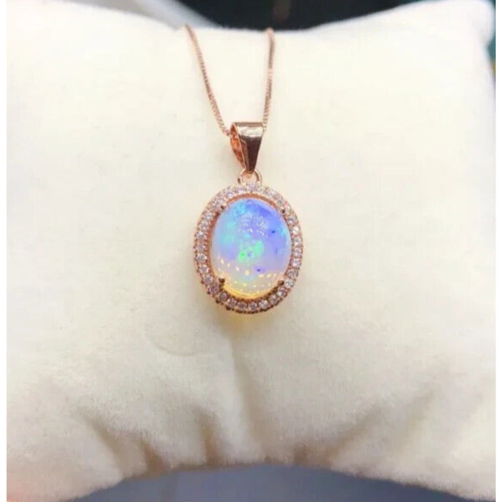 Opal Pendant Necklace, Women's Fire Opal Necklace, Australian White Opal 8x10mm