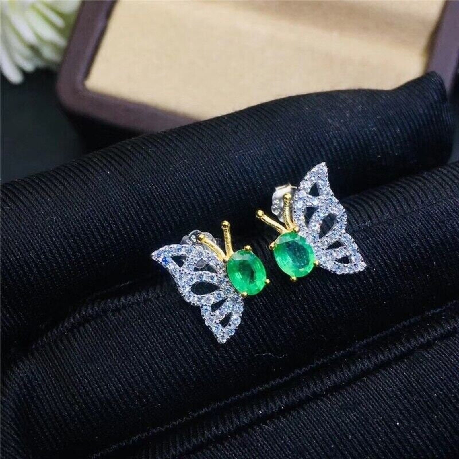 Colombian Emerald Butterfly Stud Earrings 4x5mm Natural Oval Cut Emerald with CZ